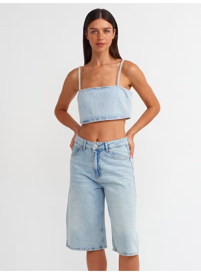 Dilvin 71675 Flowy Fabric Denim Capri-Blue - Image 4